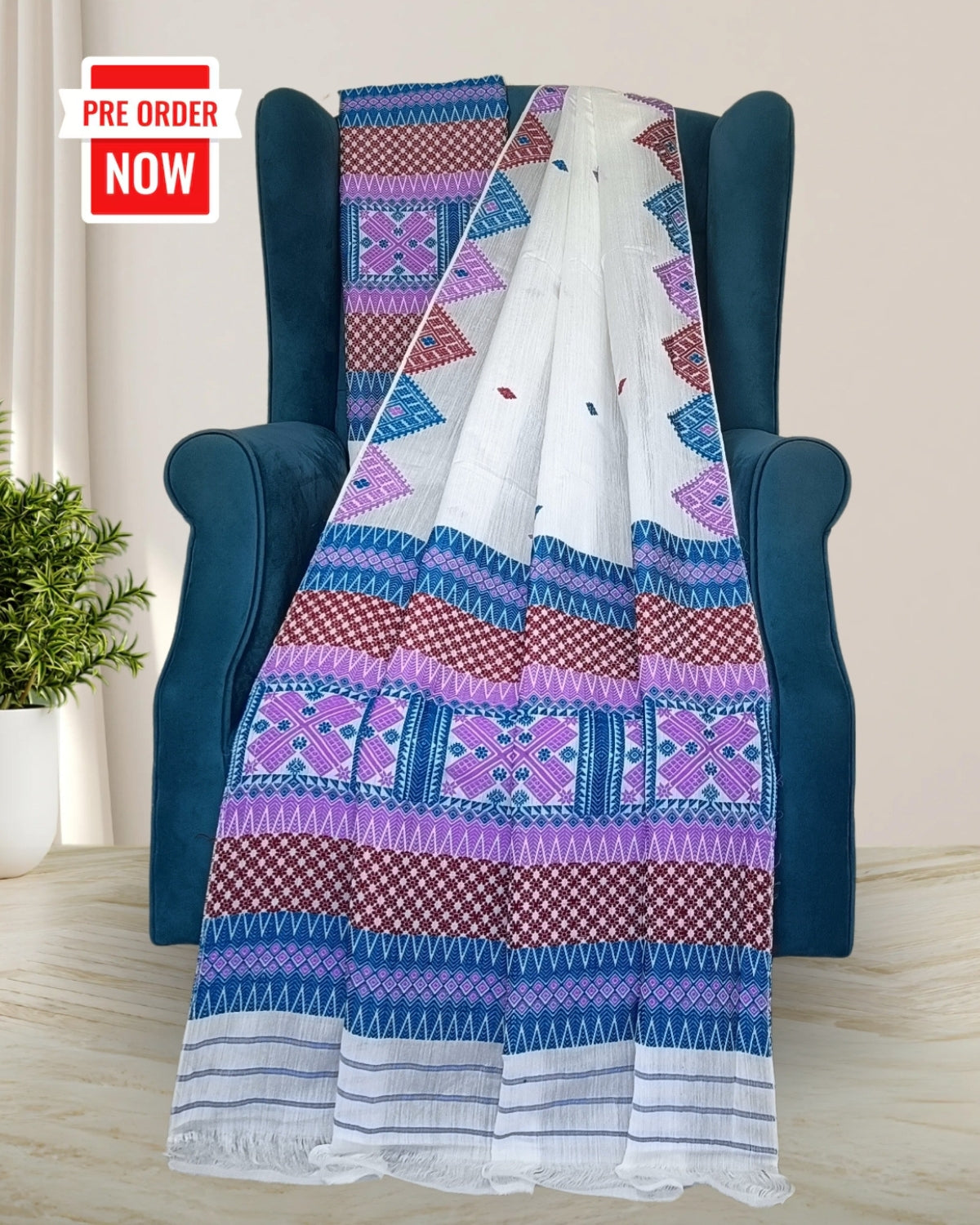 White semi nuni mekhela sador with designer motifs