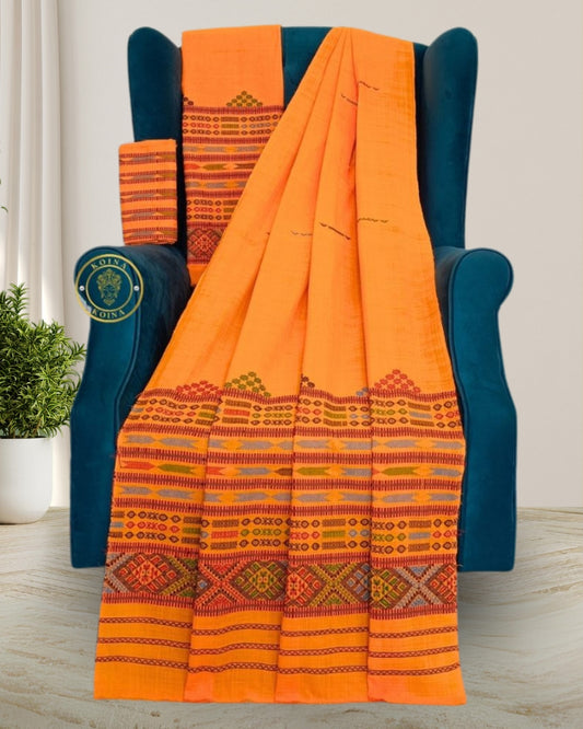 Orange Padmini cotton Mising Mekhela Chadar