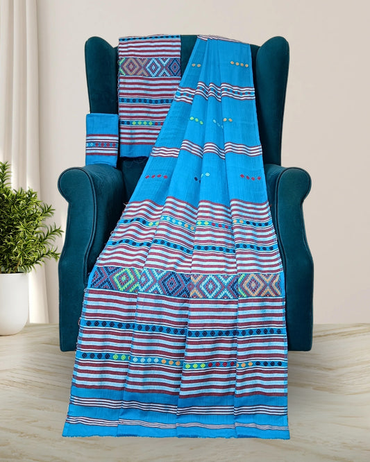 Ribi design padmini cotton Mising mekhela sador - Light blue
