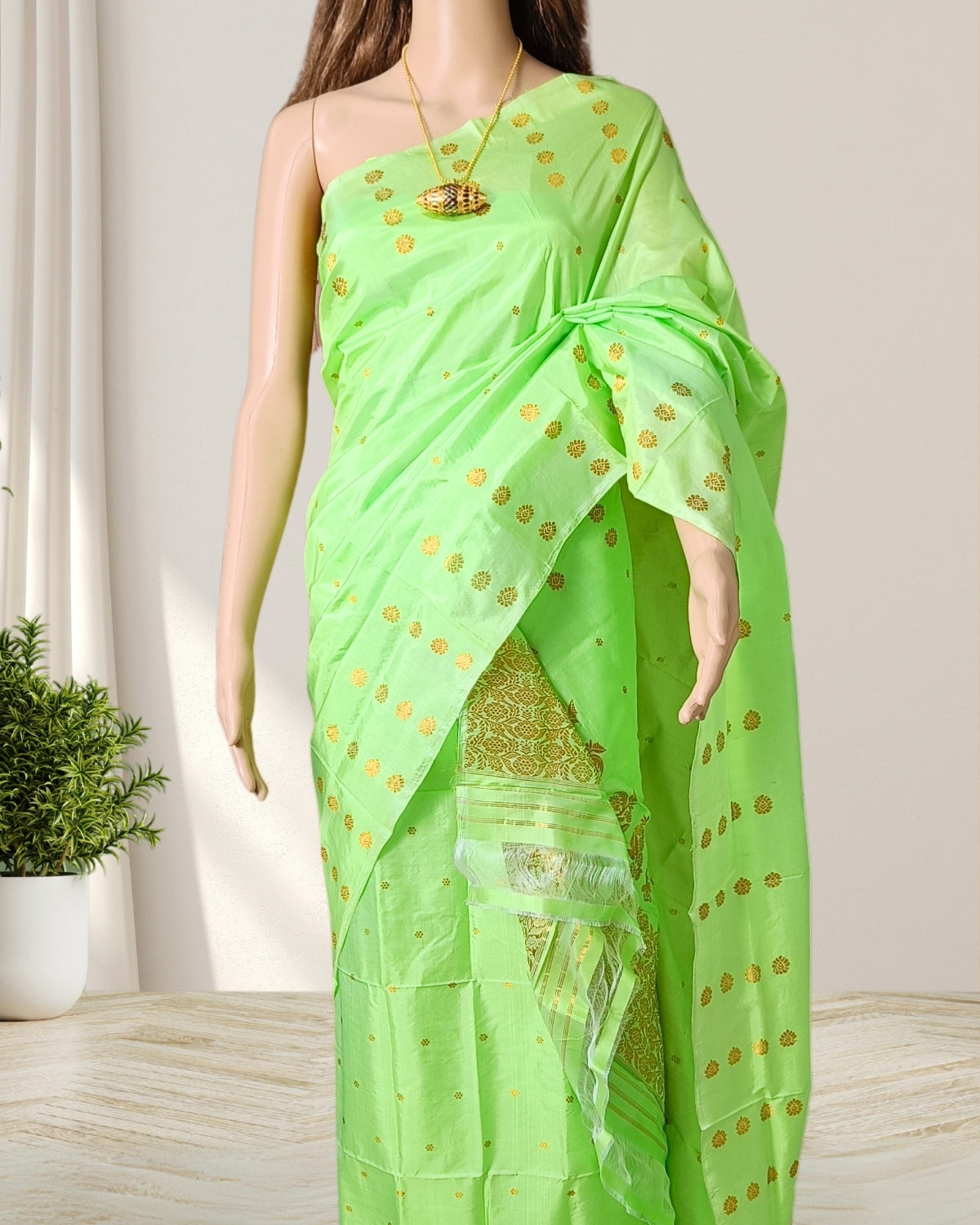 Lime green pure Mulberry silk mekhela sador
