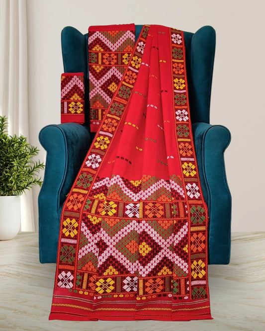 Red padmini cotton Mising mekhela sador - DMC motifs