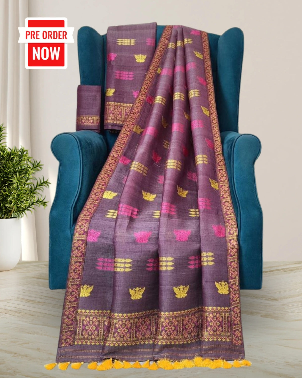 Butterfly design semi nuni mekhela sador - Chocolate brown