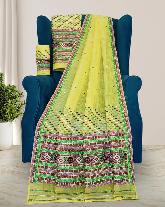 Yellow semi nuni Mising mekhela sador - DMC motifs