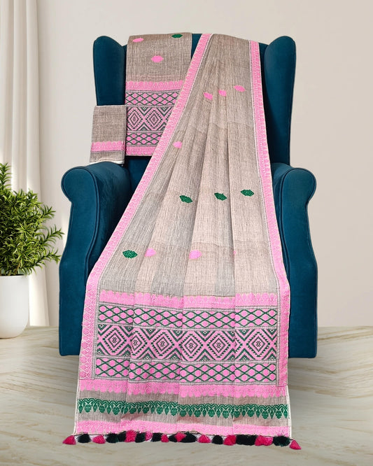 Peach pure cotton mekhela sador with designer motifs