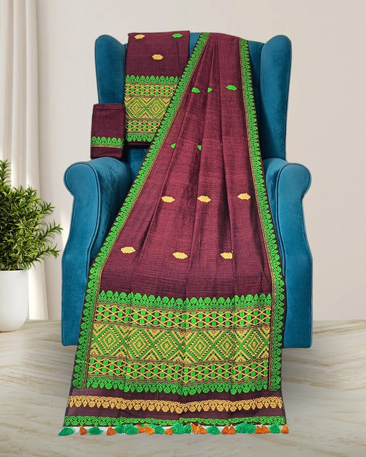 Brown pure cotton mekhela sador with designer motifs