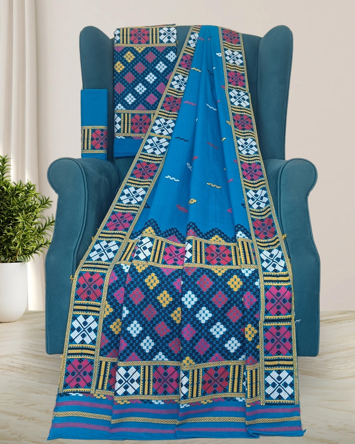 Sky blue padmini cotton Mising mekhela sador- DMC motifs