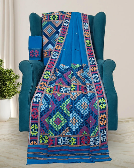 Padmini cotton Mising design mekhela sador - Sky blue