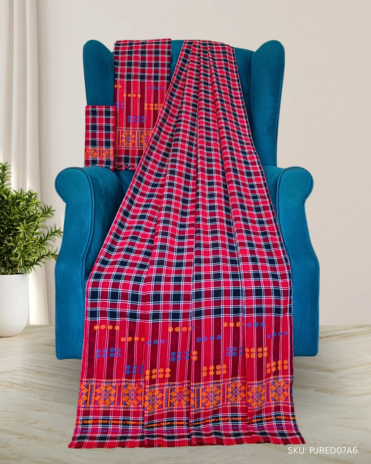 Pajok design Mising mekhela chador - Red & Black