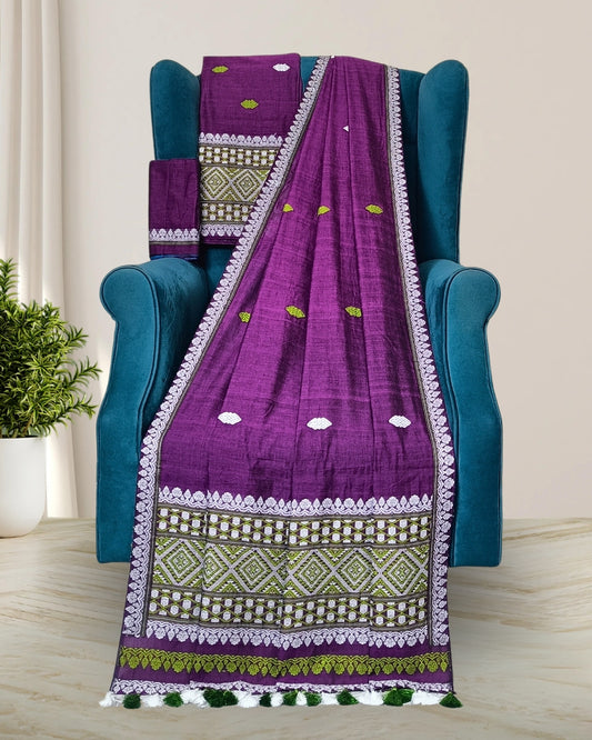 Purple pure cotton mekhela sador with designer motifs
