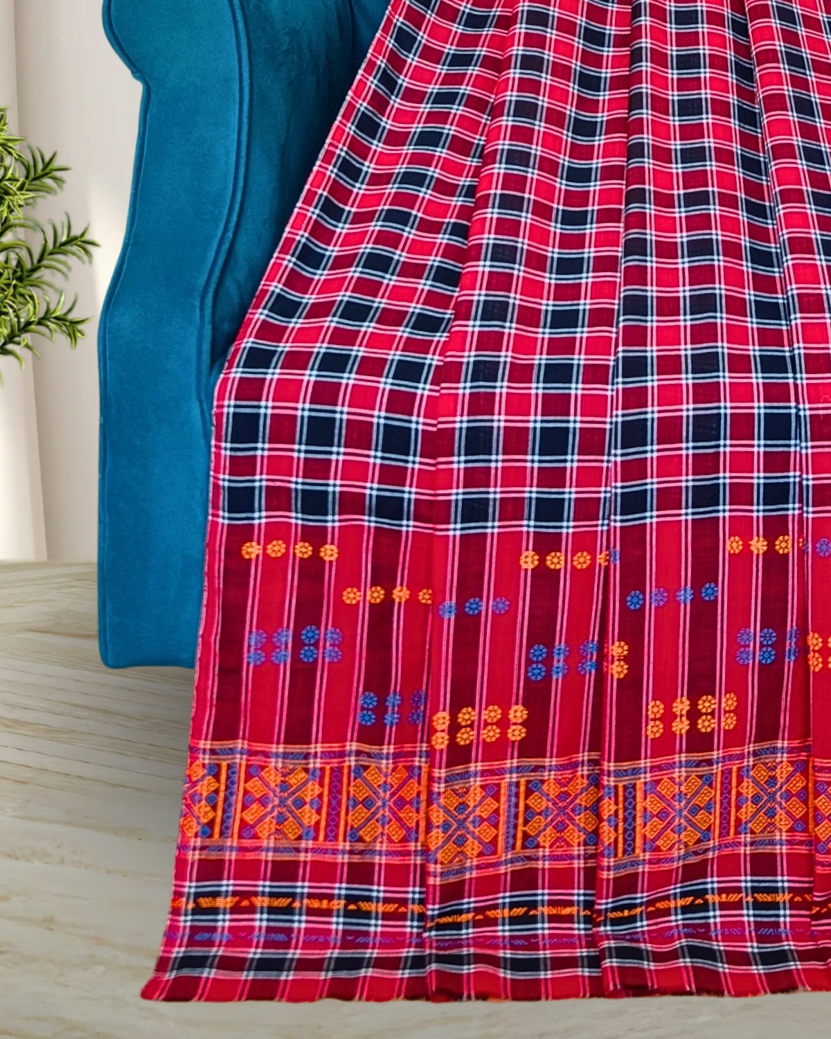 Pajok design Mising mekhela chador - Red & Black