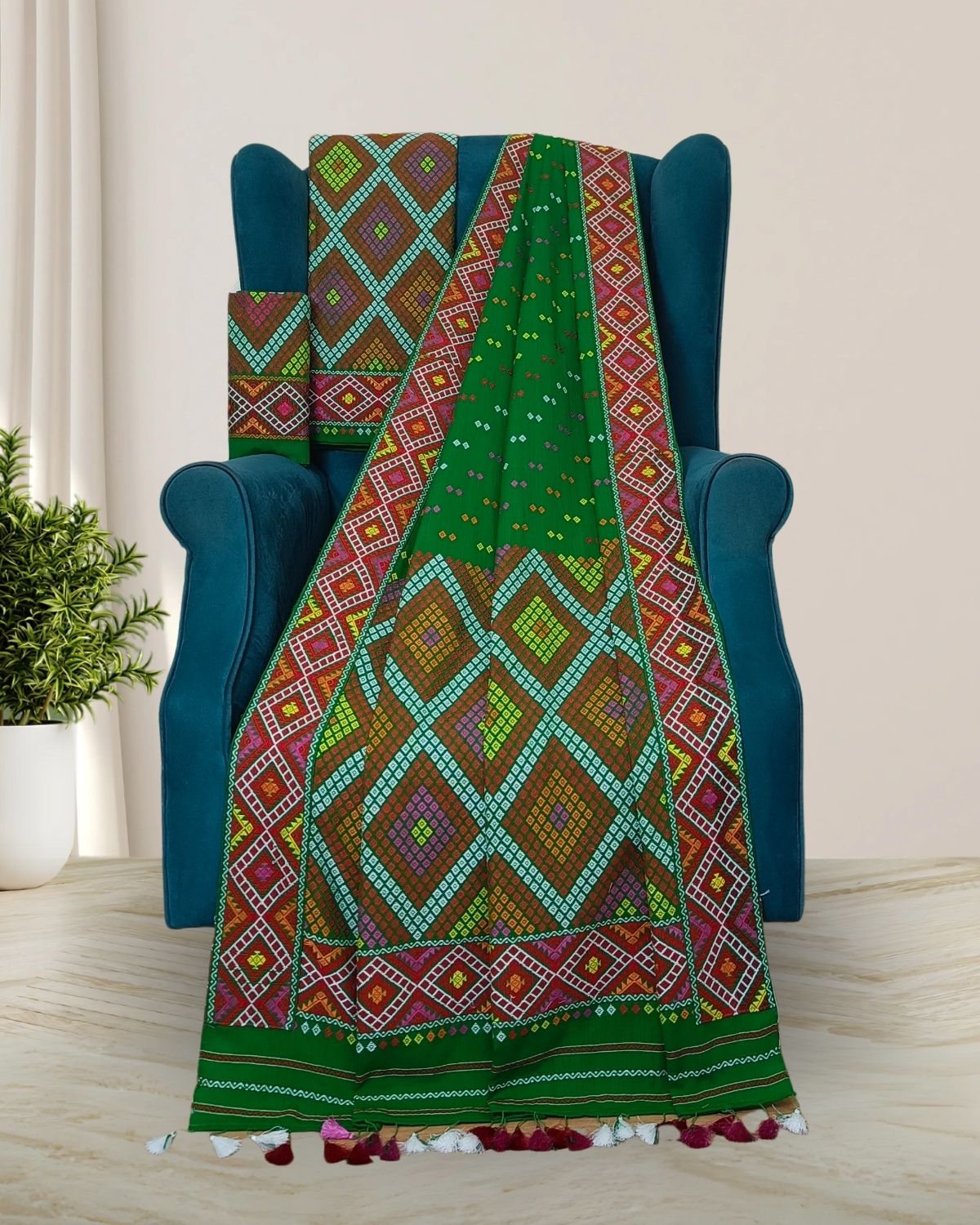 Green padmini cotton Mising mekhela sador- DMC motifs