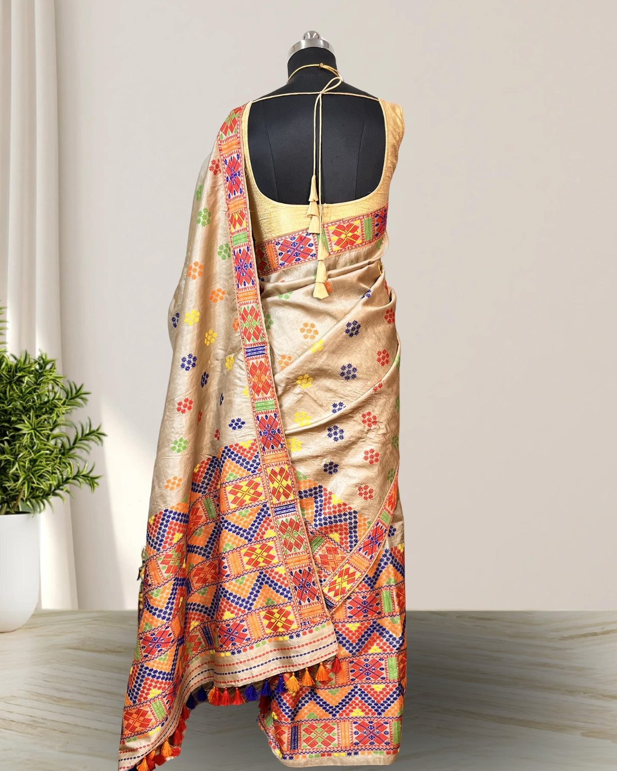 Pure Mising Tussar silk mekhela sador- DMC motifs