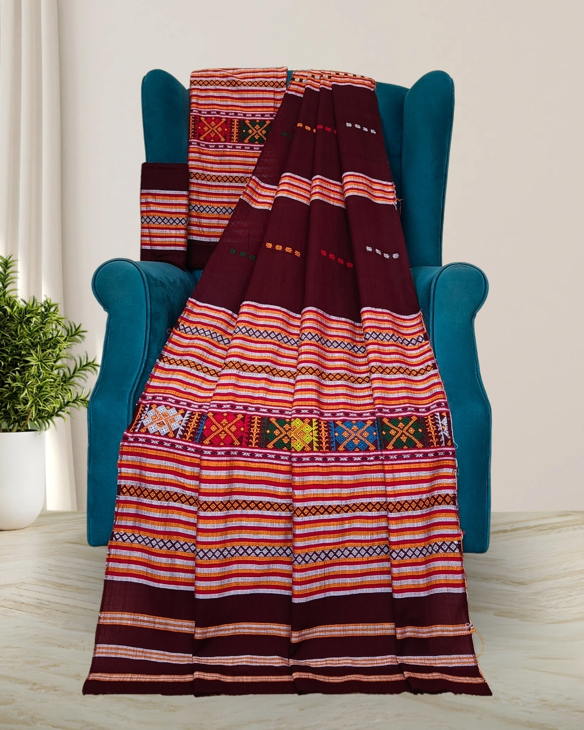 Ribi design Mising mekhela sador - Brown