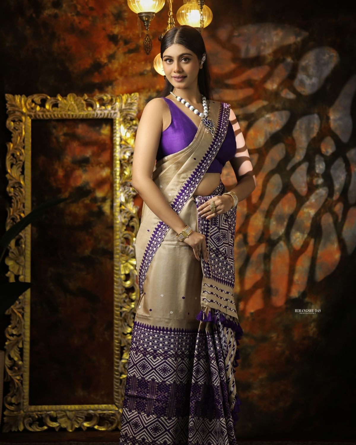 Tussar silk mekhela sador with purple designer motifs