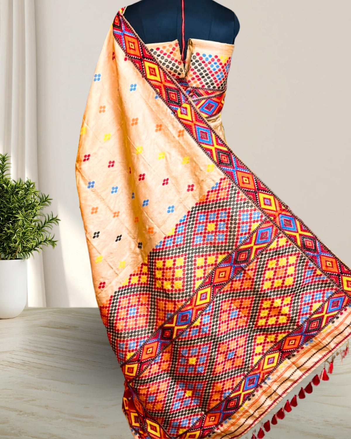 Pure Mising Tussar silk mekhela sador- DMC motifs