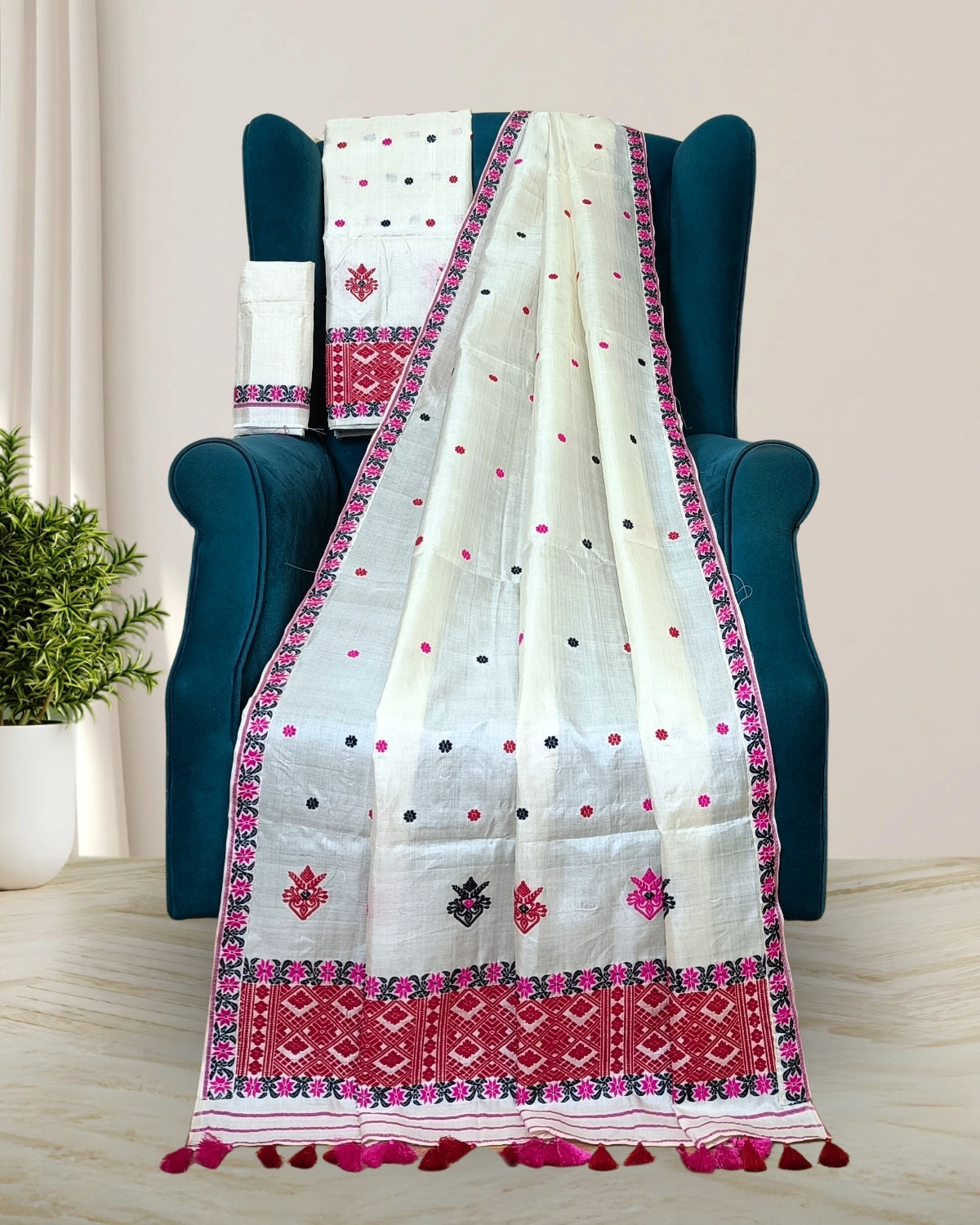 Dyed tussar silk mekhela sador