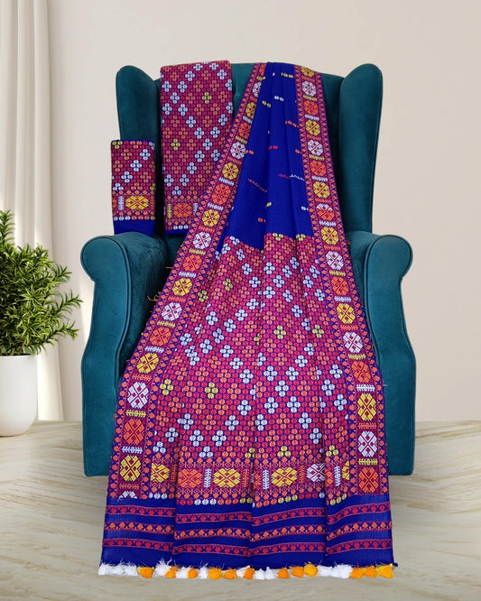 Blue padmini coton Mising mekhela sador- DMC motif work