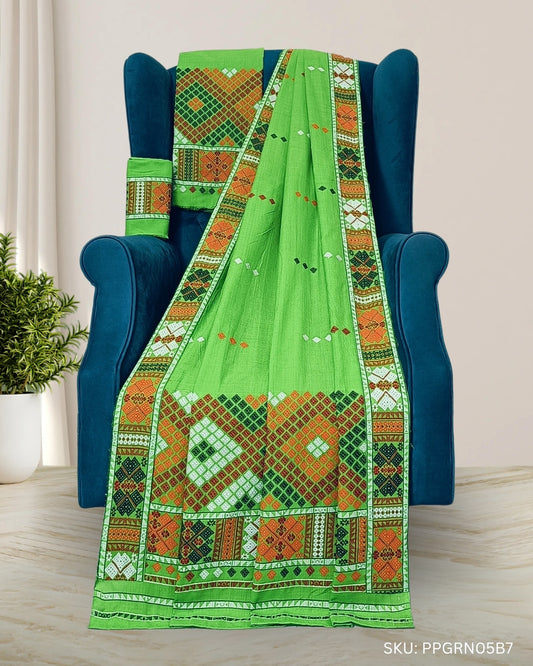 Parrot green padmini cotton Mising mekhela chadar