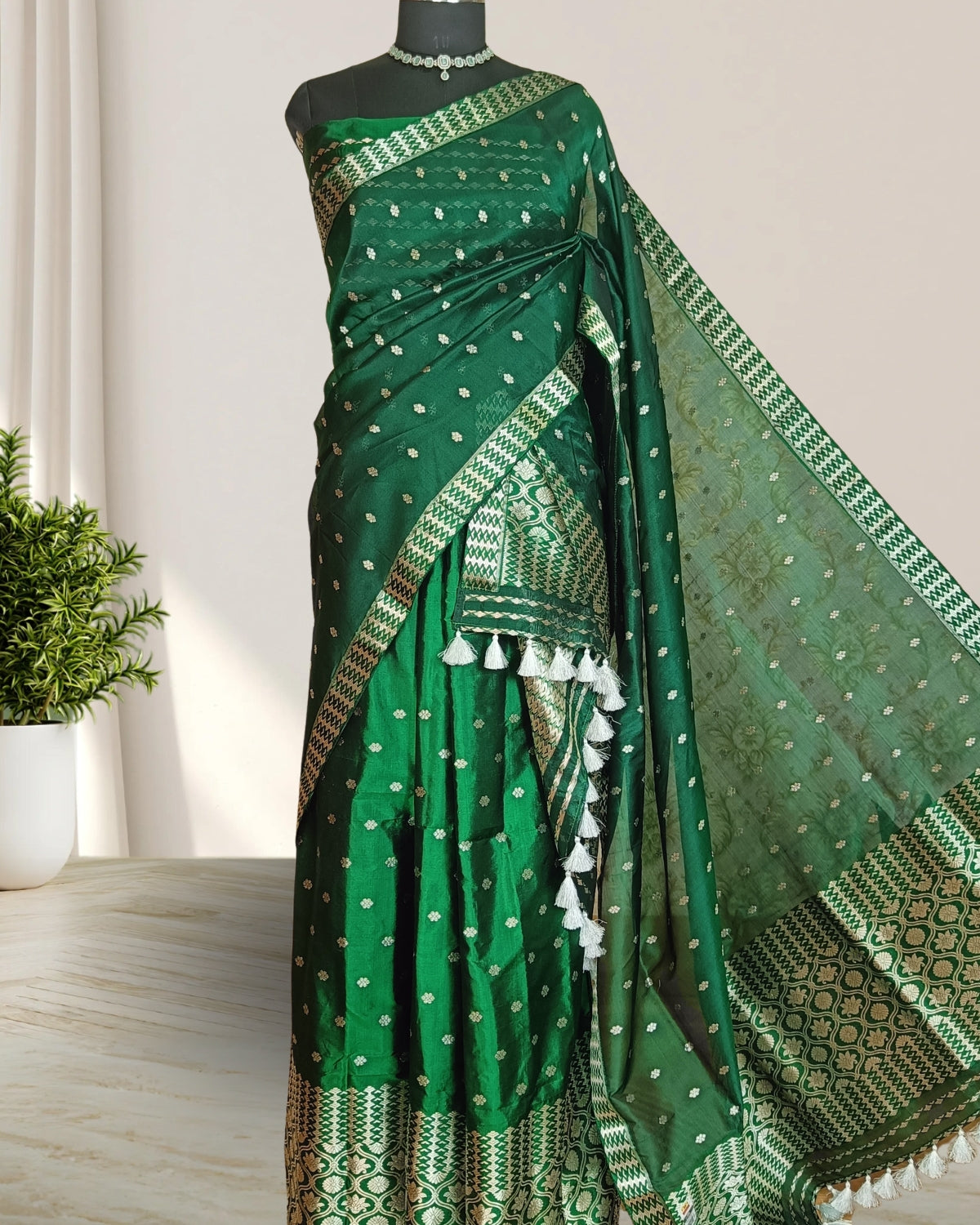Raw mulberry silk mekhela sador - Emerald green