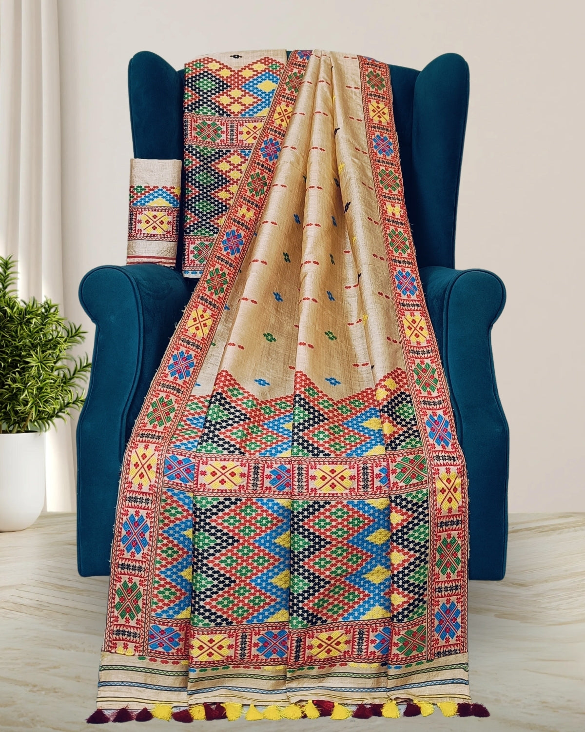 Tussar silk mekhela sador in Mising tribal design - DMC motif work