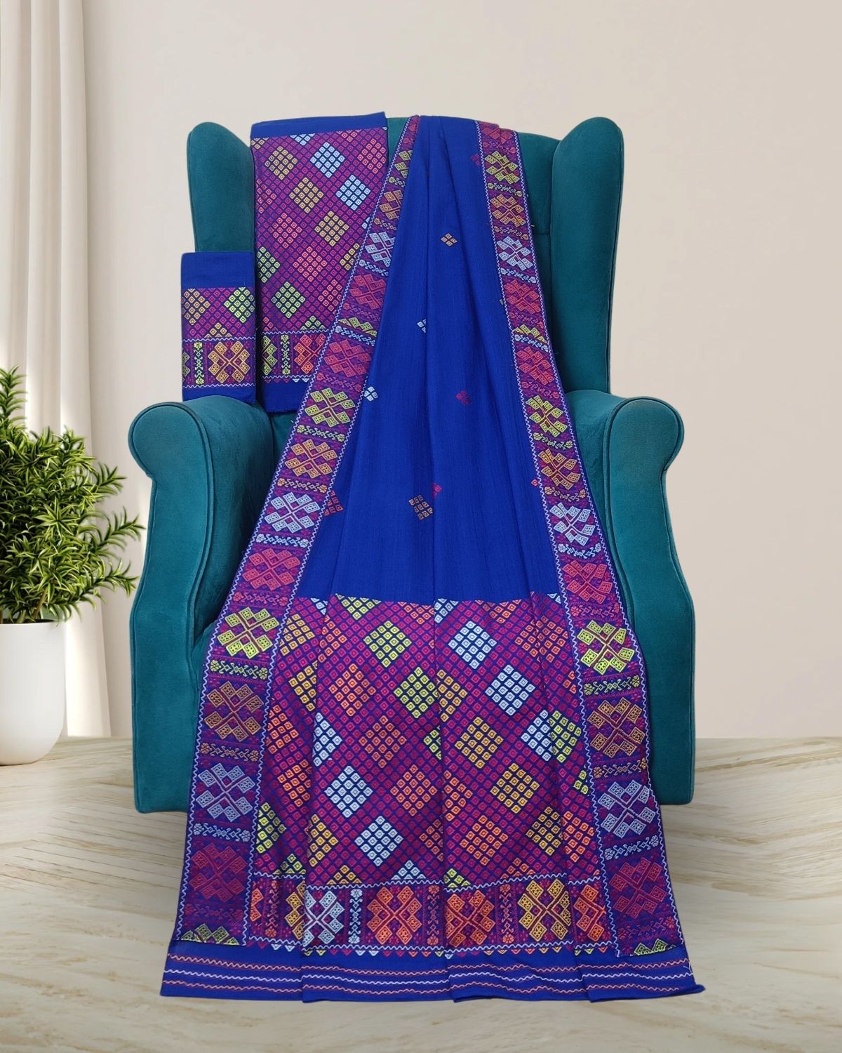 Royal blue padmini cotton Mising mekhela sador - DMC motifs