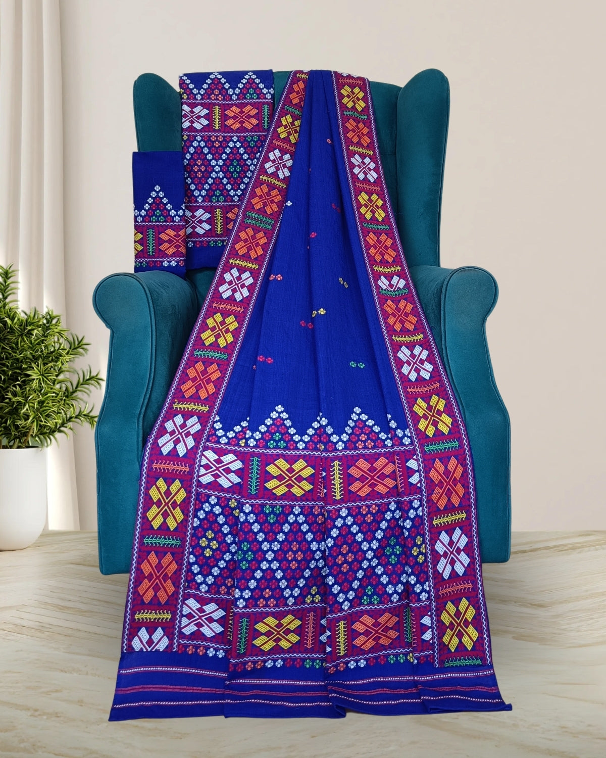 Royal blue padmini cotton Mising mekhela sador - DMC motifs
