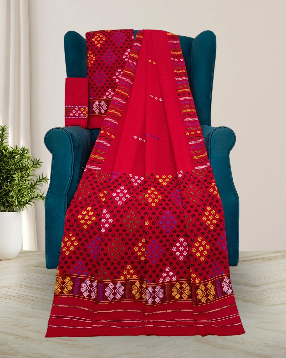 Padmini cotton Mising mekhela sador -Red