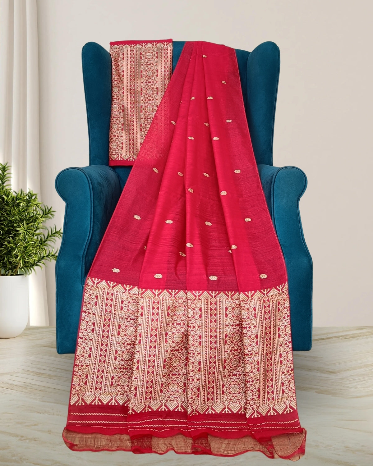 Staple cotton mekhela sador- Red