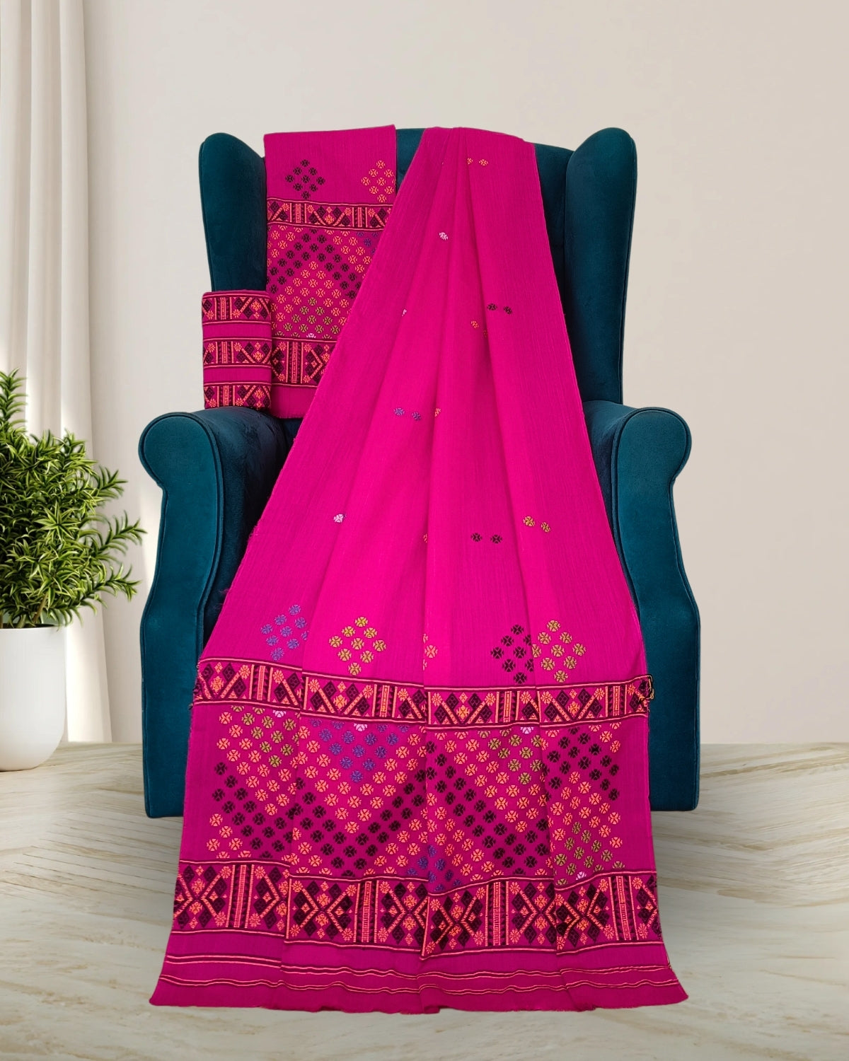 Padmini cotton Mising mekhela sador -Rani pink