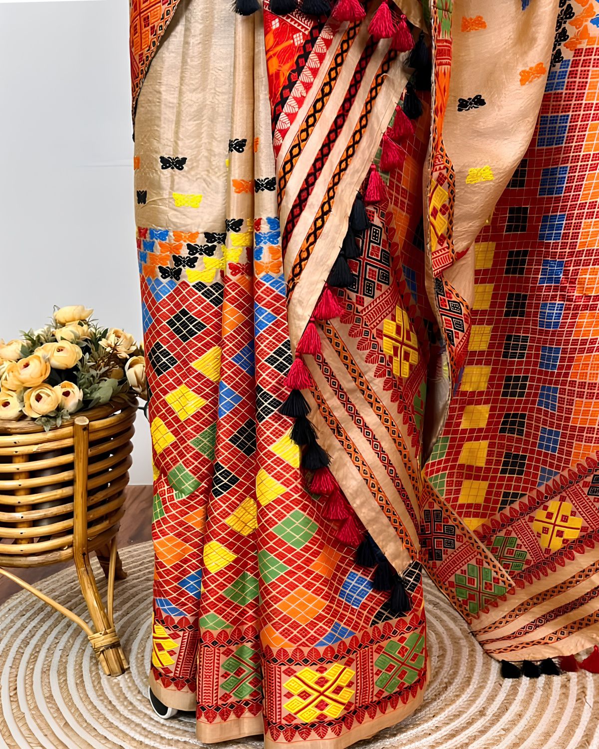 Pure Mising Tussar silk mekhela sador- DMC motifs