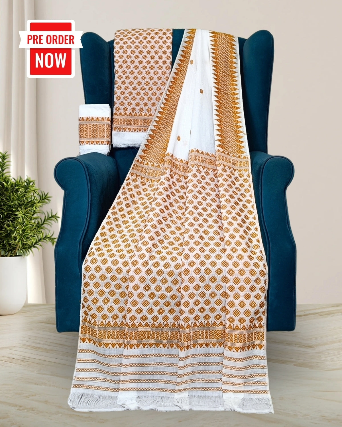 White padmini cotton mekhela sador with designer motifs