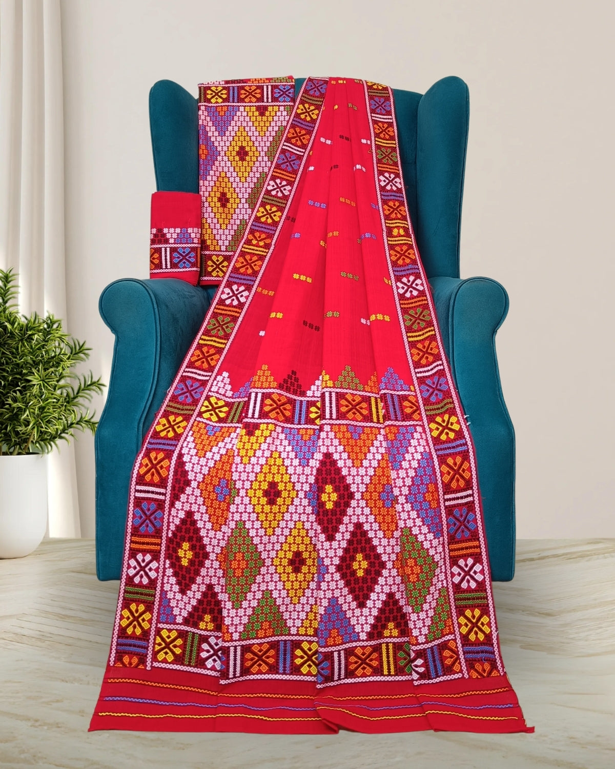 Red padmini cotton Mising mekhela sador - DMC motifs