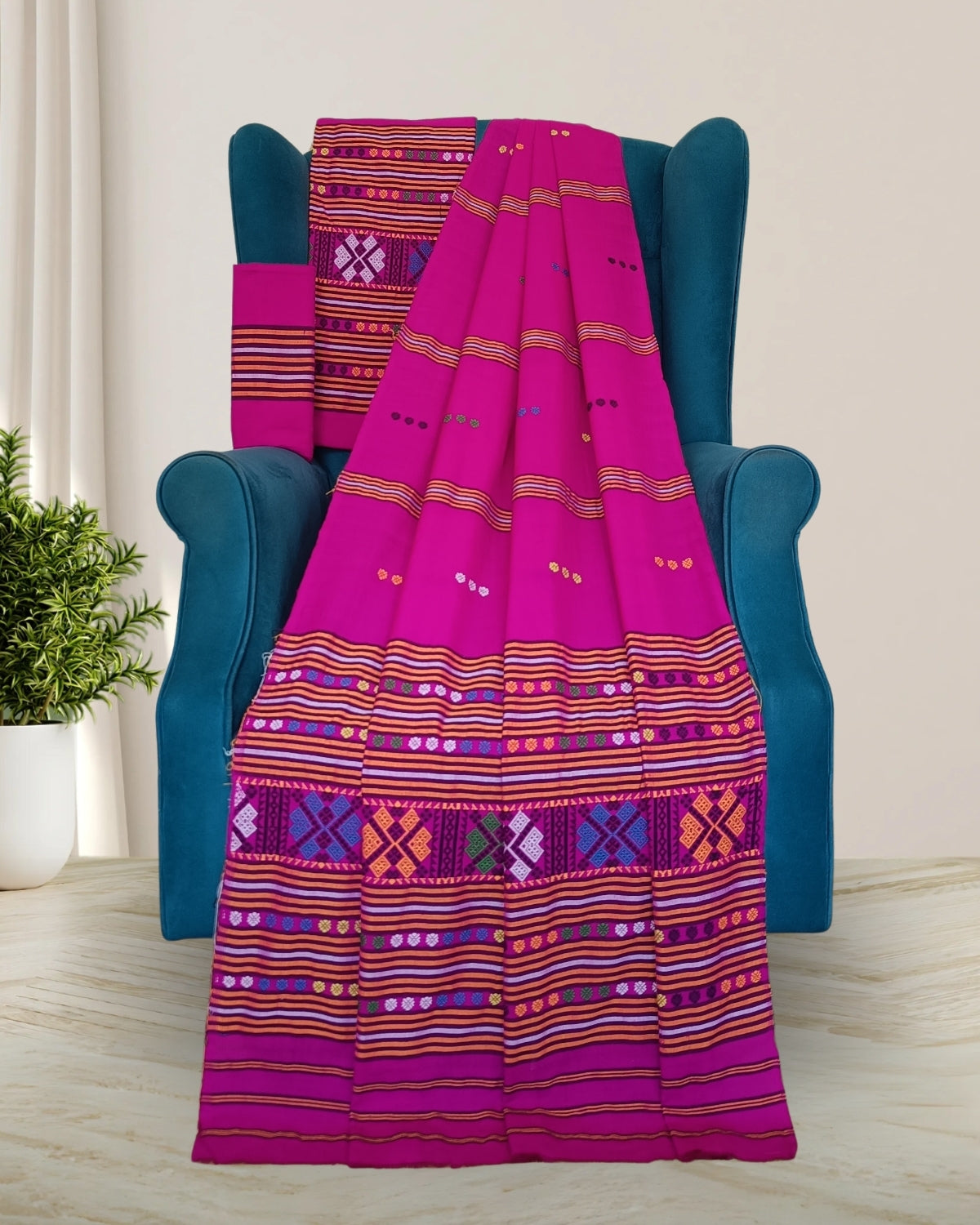 Ribi design Mising mekhela sador - Rani pink