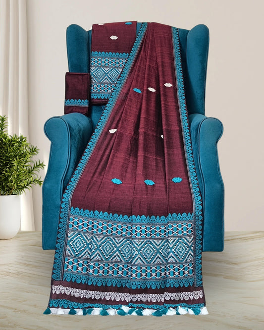 Maroon pure cotton mekhela sador with designer motifs