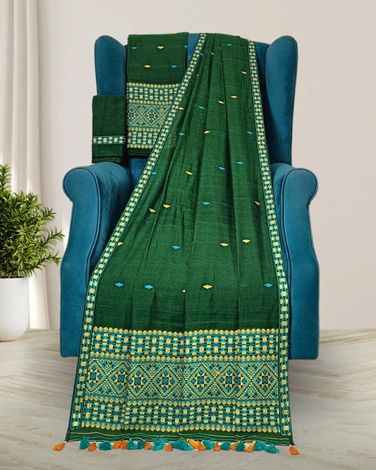 Bottle green pure cotton mekhela sador with designer motifs