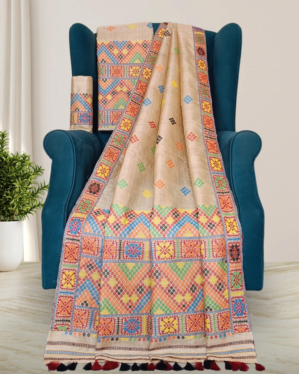 Tussar silk mekhela sador in Mising tribal design - DMC motif work