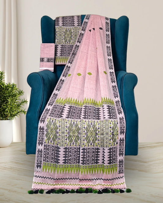 Peach pure cotton mekhela sador with designer motifs