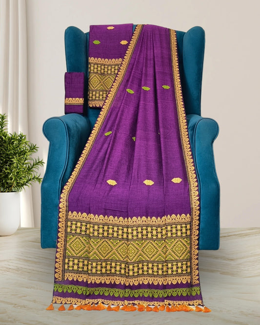 Purple pure cotton mekhela sador with designer motifs