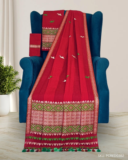 Red pure cotton mekhela sador with designer motifs