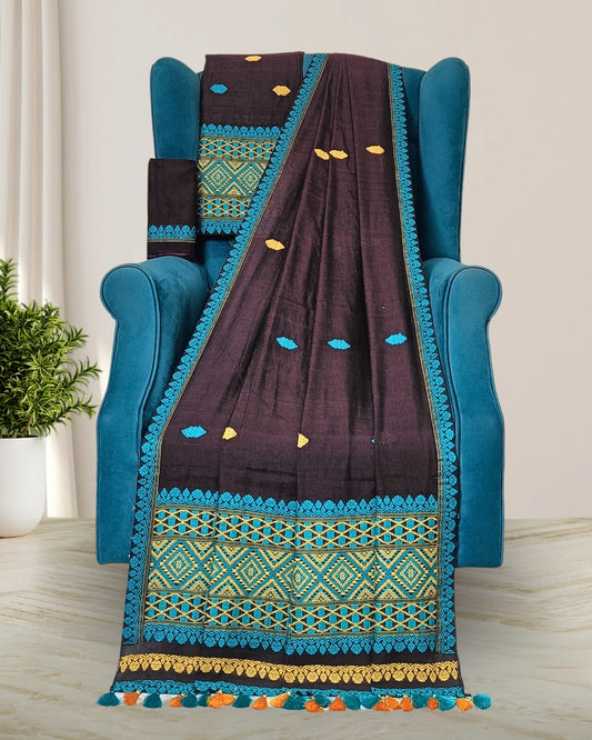 Chocolate pure cotton mekhela sador with designer motifs