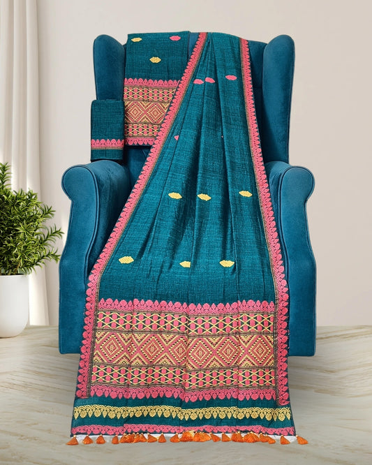 Teal green pure cotton mekhela sador with designer motifs