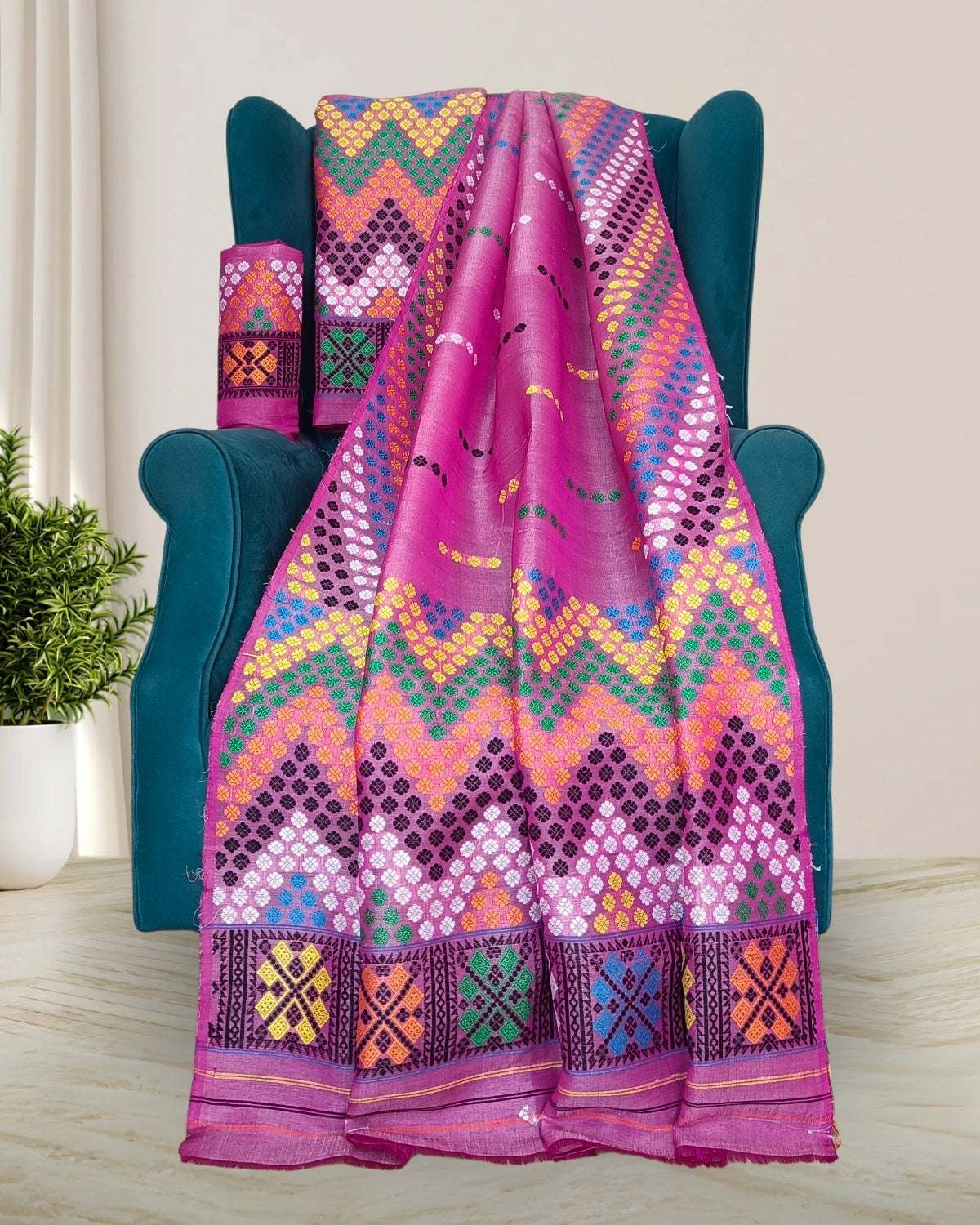 Rani pink semi nuni Mising mekhela sador - DMC motifs