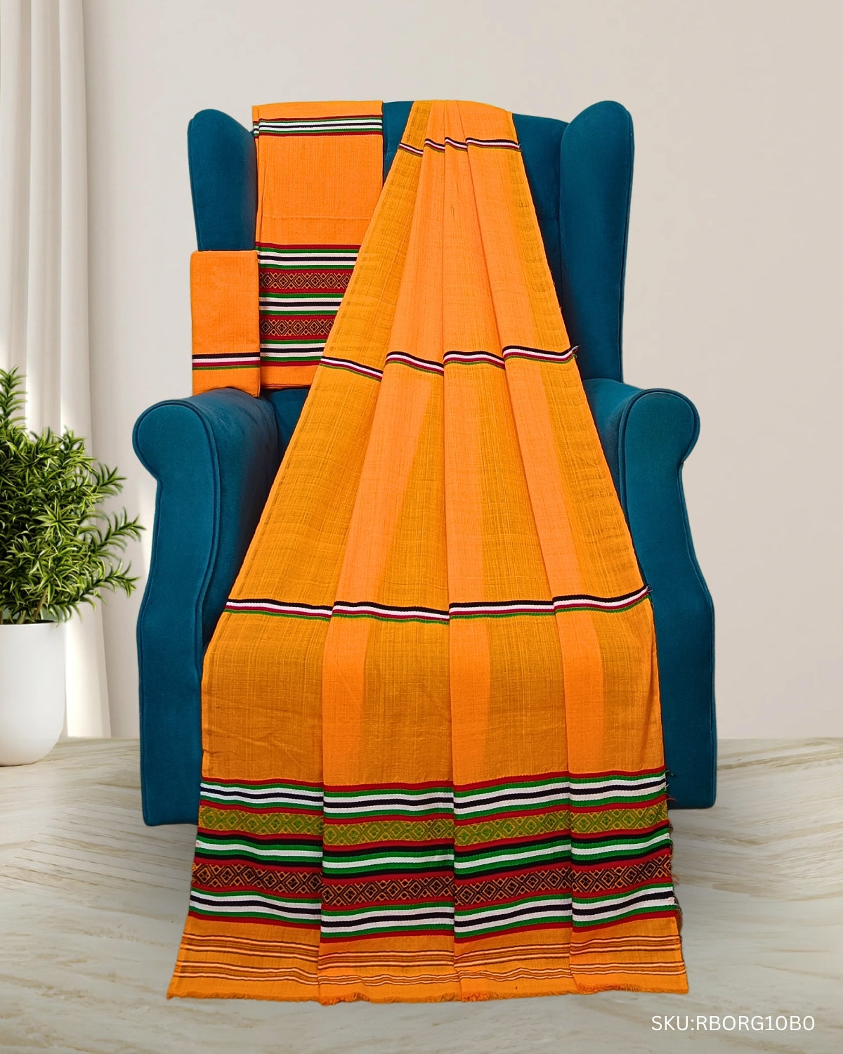 Ribi design Mising mekhela sador - Orange
