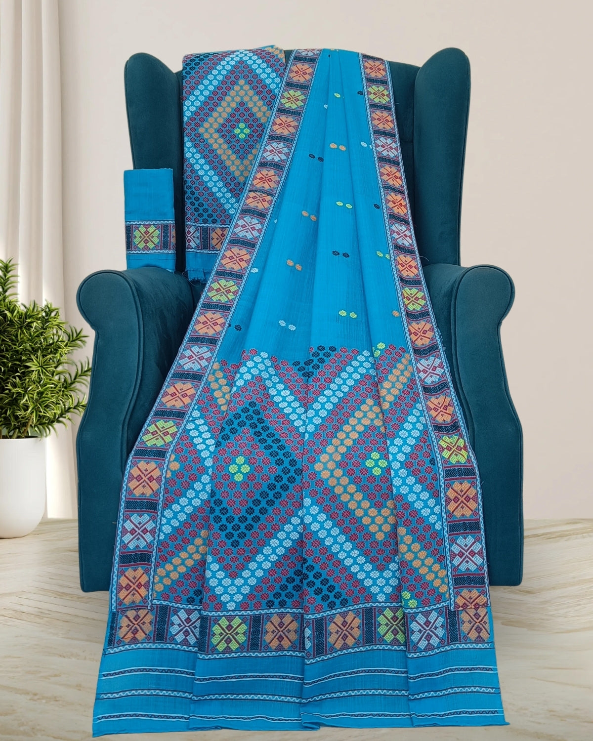 Sky blue padmini cotton Mising mekhela sador