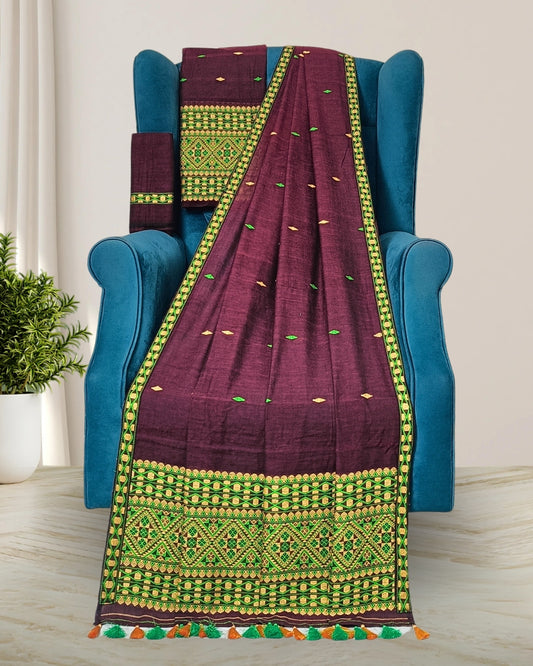Maroon pure cotton mekhela sador with designer motifs