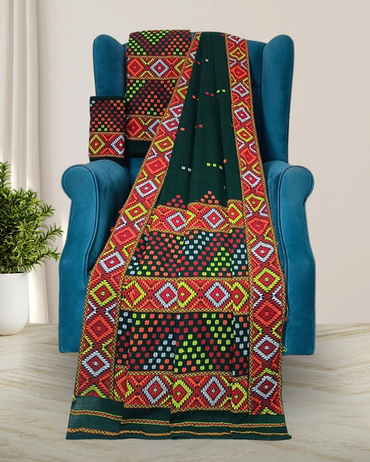 Bottle green padmini cotton Mising mekhela sador