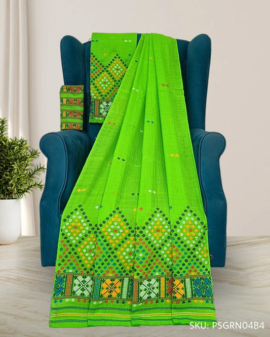 Parrot green padmini cotton Mising mekhela sador
