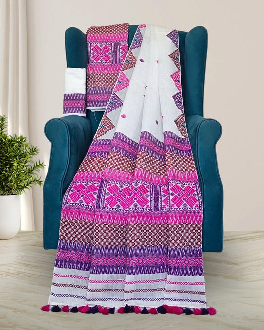 White semi nuni mekhela sador with designer motifs