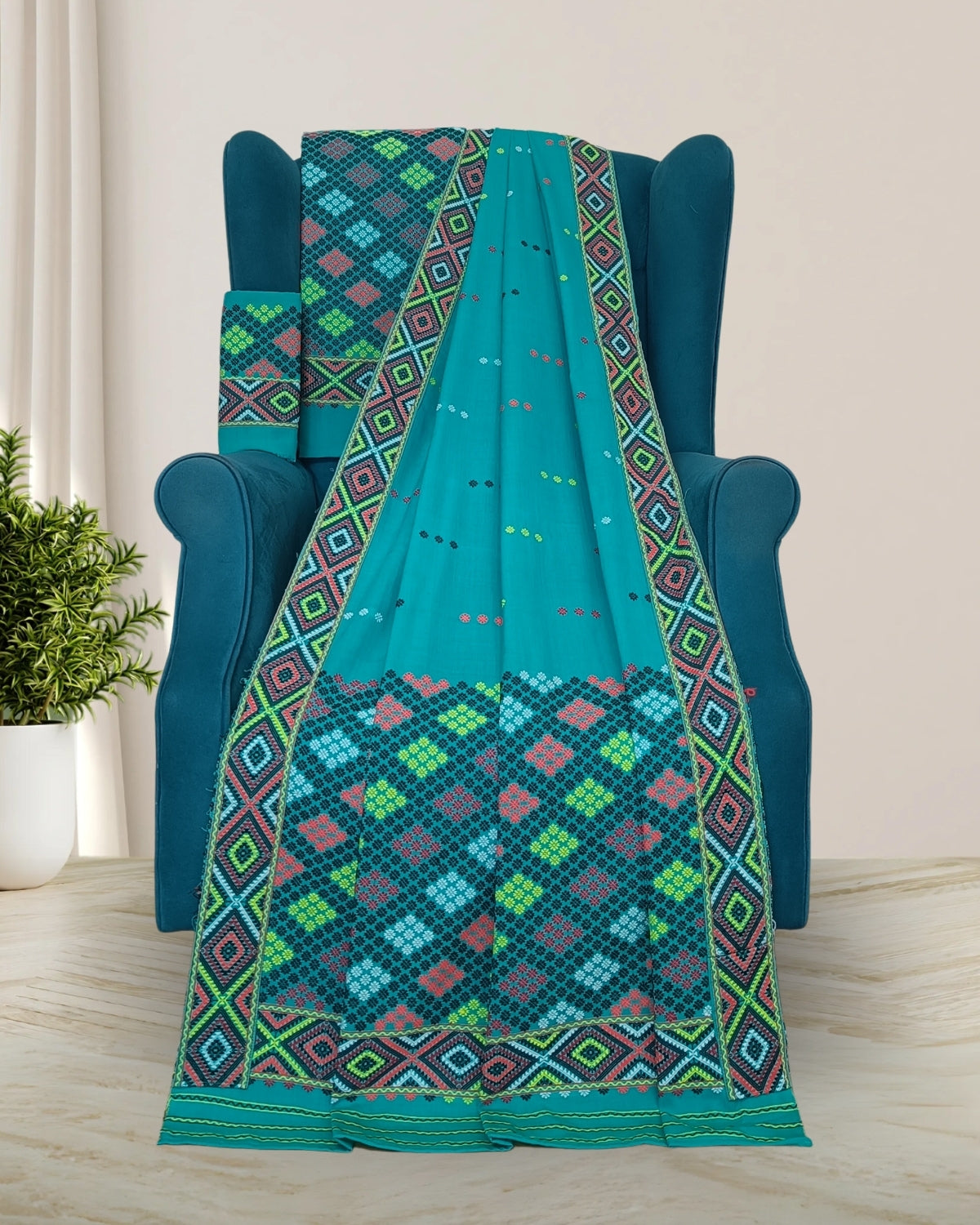 Teal green padmini cotton Mising mekhela sador
