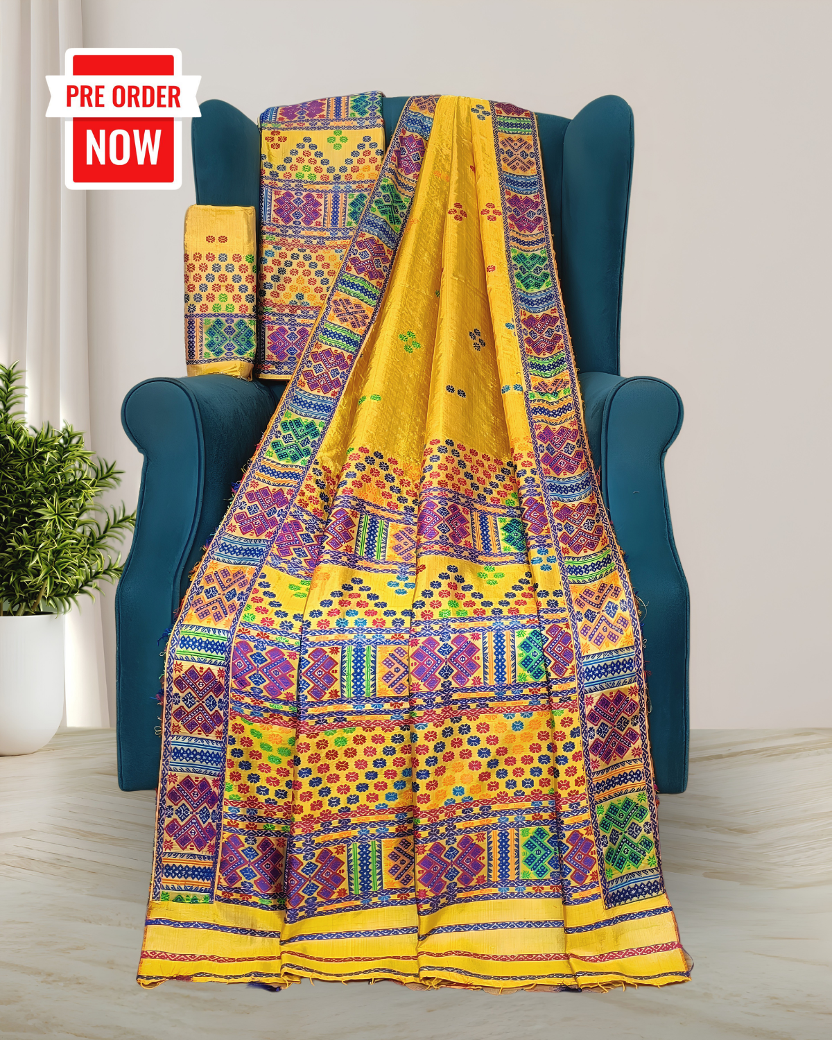 Tussar silk by Assam paat mekhela sador - Sunflower yellow